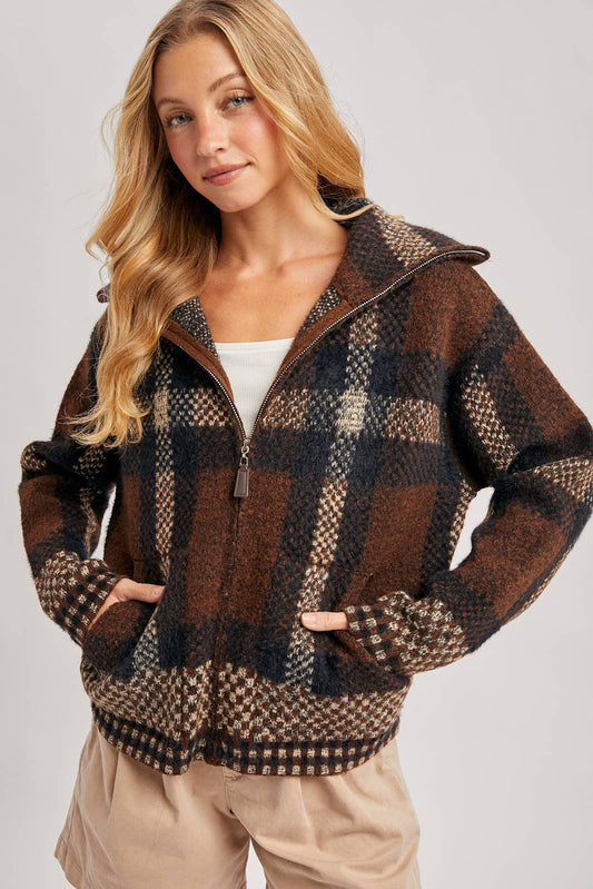 PLAID WIDE COLLAR KNIT JACKET