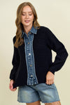 DENIM CONTRAST RIB CARDI