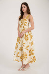 LEAF PRINT BACK TIE STRAP EMPIRE WAIST MIDI DRESS