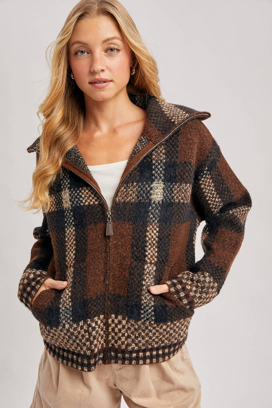 PLAID WIDE COLLAR KNIT JACKET