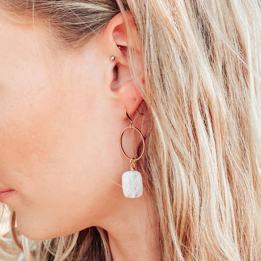 GOLD HOOP QUARTZ OR WOOD EARRINGS
