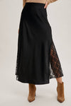 LACE TRIMMED SATIN MIDI SKIRT