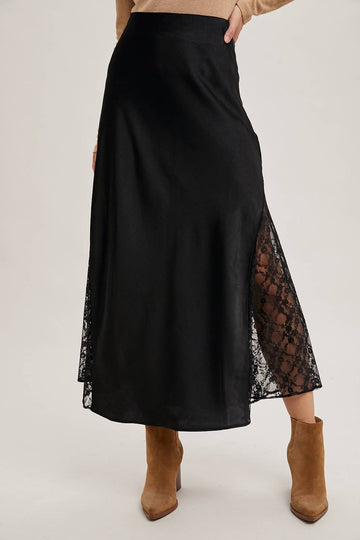 LACE TRIMMED SATIN MIDI SKIRT