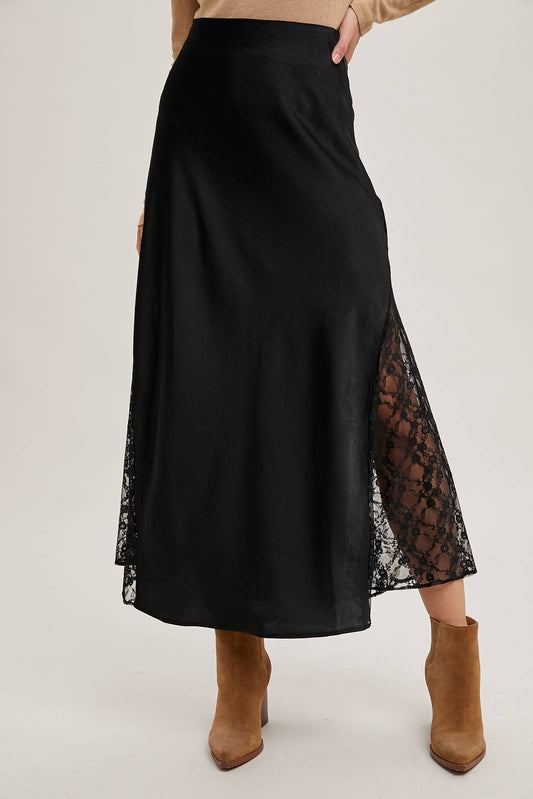 LACE TRIMMED SATIN MIDI SKIRT