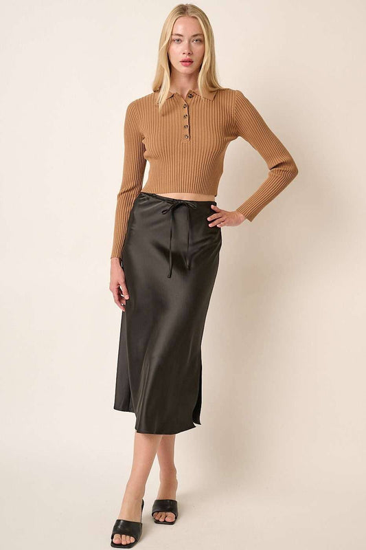 BLACK SATIN MIDI SKIRT