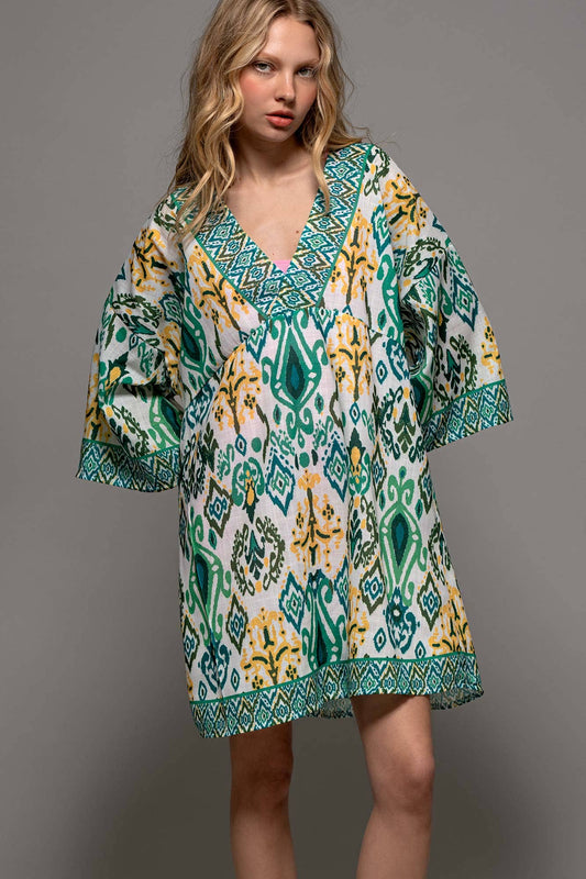 IKAT PRINT BELL SLEEVE DRESS