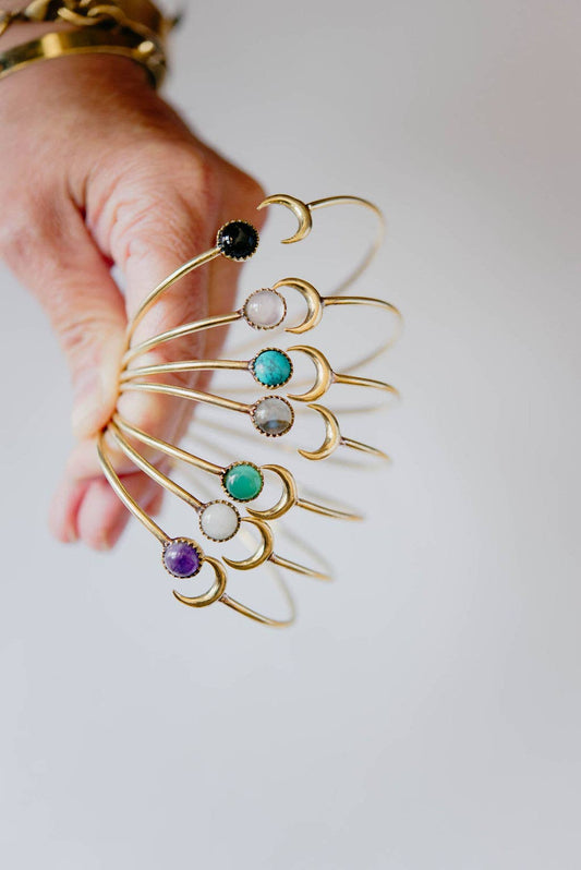 GEMSTONE SUN AND MOON OPEN BRASS BANGLE BRACELET