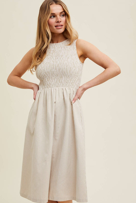 STRIPED SMOCKED MIDI DRESS