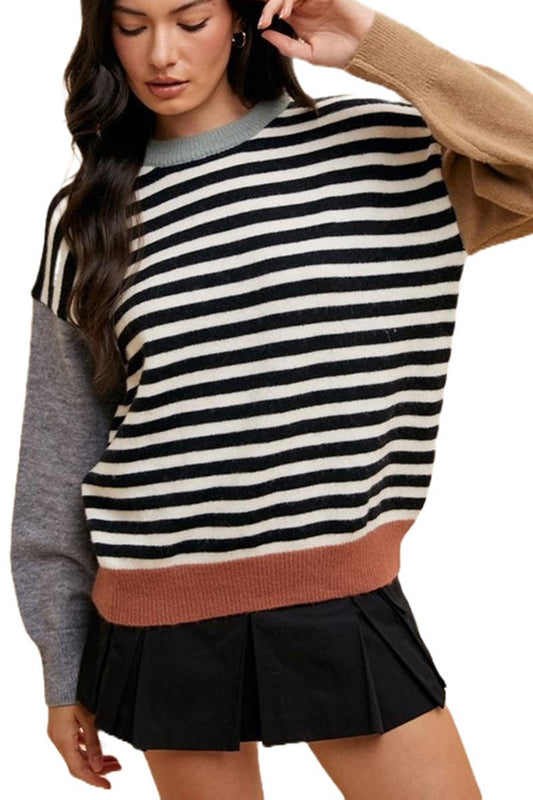 STRIPED COLOR BLOCK SLEEVE SWEATER TOP