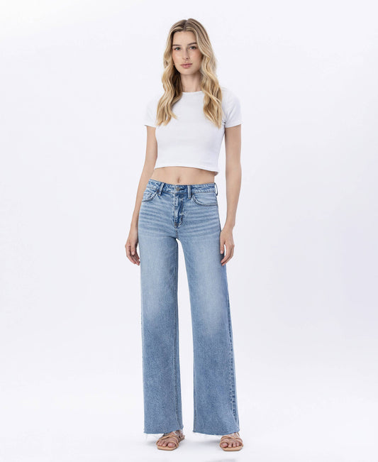 HIGH RISE RAW HEM WIDE JEANS