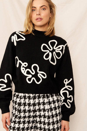FLORAL OUTLINE MOCK NECK SWEATER