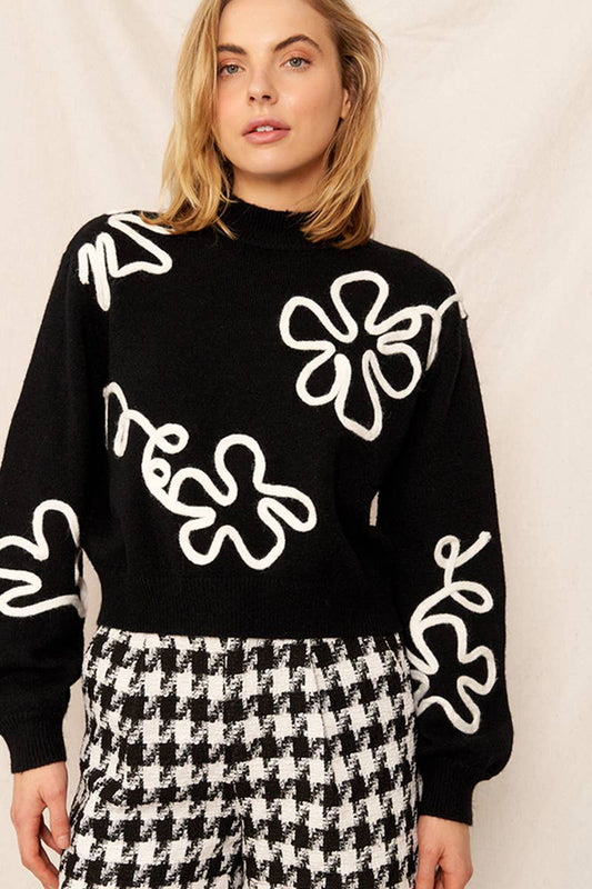 FLORAL OUTLINE MOCK NECK SWEATER