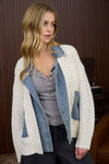 MIXED MEDIA CABLE KNIT DENIM TRIM JACKET