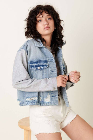 FRENCH TERRY SLEEVE DENIM JACKET