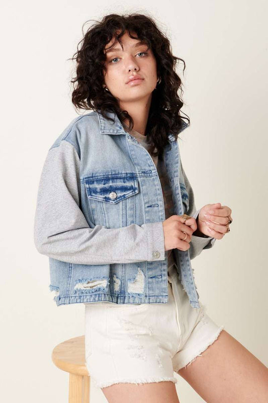 FRENCH TERRY SLEEVE DENIM JACKET