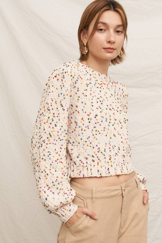 PUFFED SLEEVE CROPPED CONFETTI SWEATER