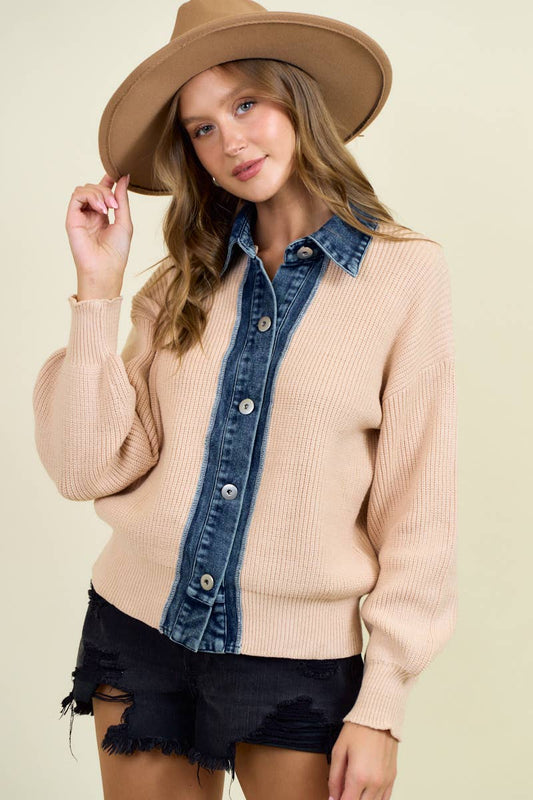 DENIM CONTRAST RIB CARDI