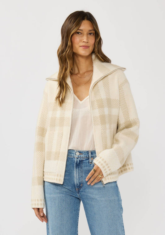 PLAID KNIT ZIP-UP BOMBER JACKET