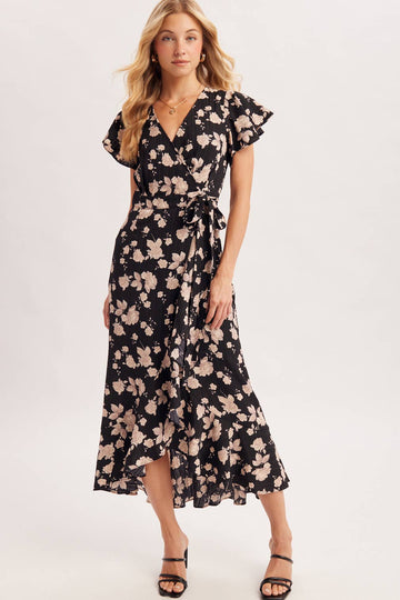 FLORAL RUFFLE WRAP MIDI DRESS