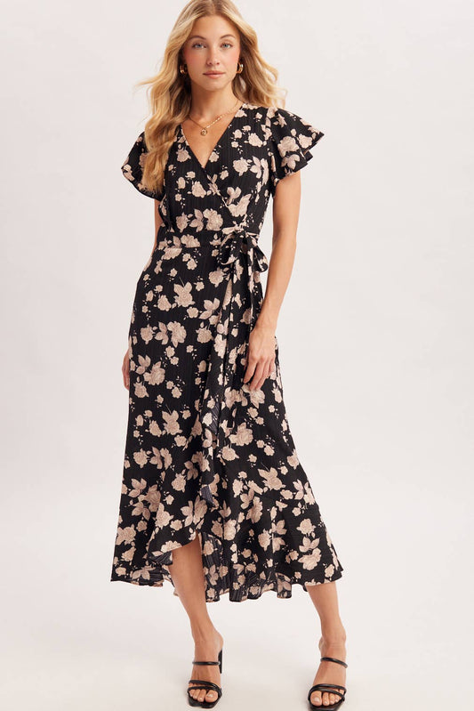 FLORAL RUFFLE WRAP MIDI DRESS