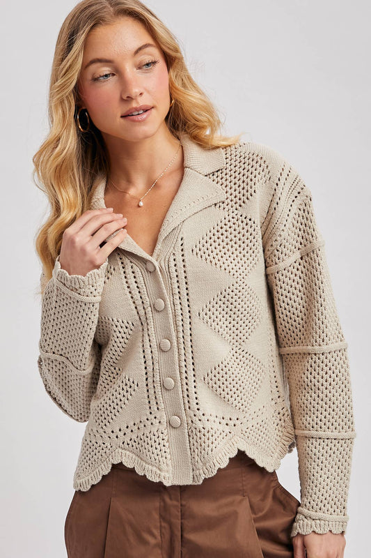 BUTTON DOWN SCALLOPED HEM CARDIGAN