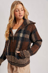 PLAID WIDE COLLAR KNIT JACKET