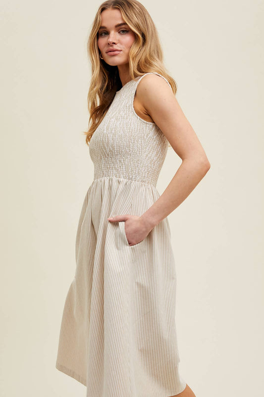 STRIPED SMOCKED MIDI DRESS