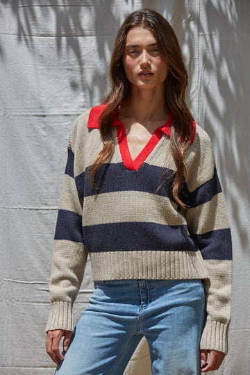 KNIT PULLOVER TOP CONTRAST COLLAR