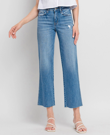 HIGH RISE RAW HEM SLIM WIDE JEANS