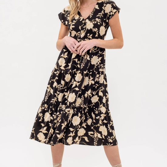 BLACK FLORAL TIERED DRESS