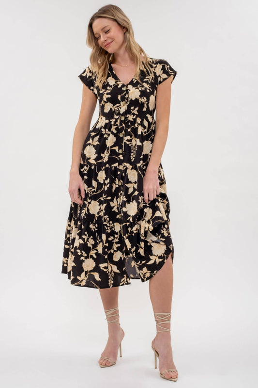 BLACK FLORAL TIERED DRESS