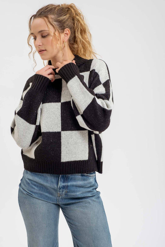 CHECKERED MOCK NECK SWTR
