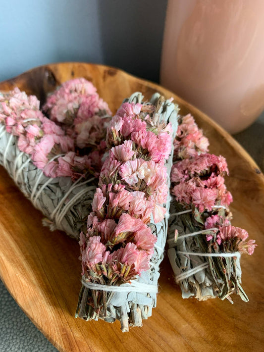 PINK STATICE FLOWER WHITE SAGE SMUDGE WAND